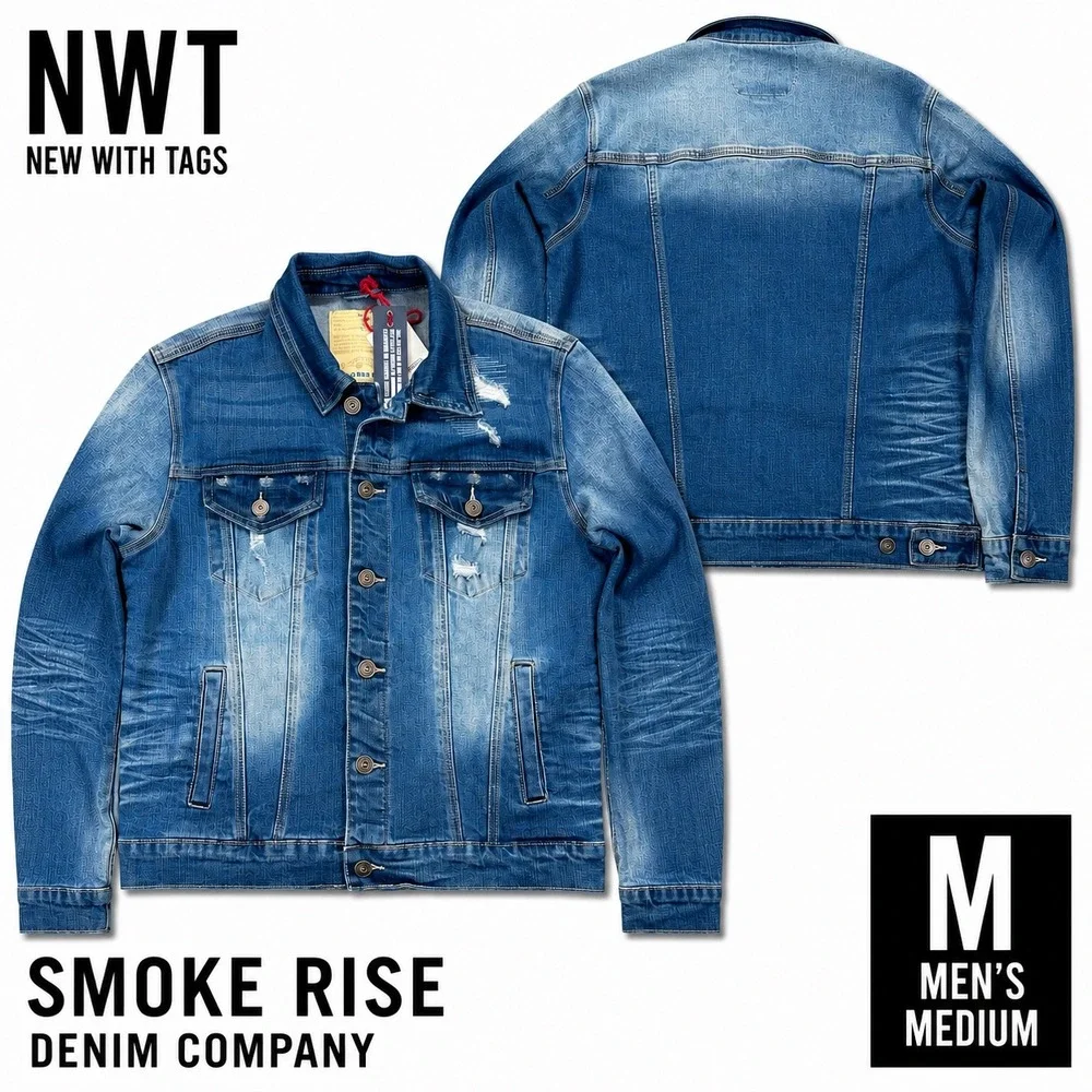 Smoke Rise Mens Distressed Blue Denim‎ Trucker Jacket Medium NWT